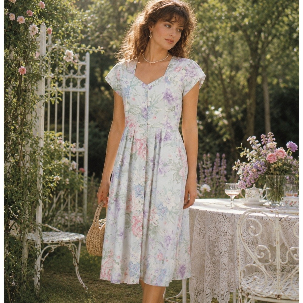 Vintage Floral Midi Dress Pastel Sweetheart Neck Button Pockets 80s Cottagecore